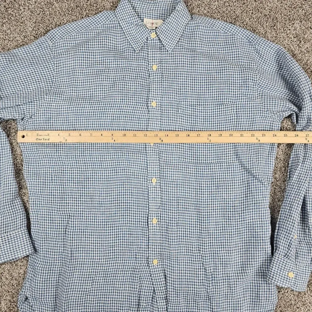 J Crew Shirt Mens Medium Blue Linen Gingham Check OVERSIZED Long Sleeve Oarsman